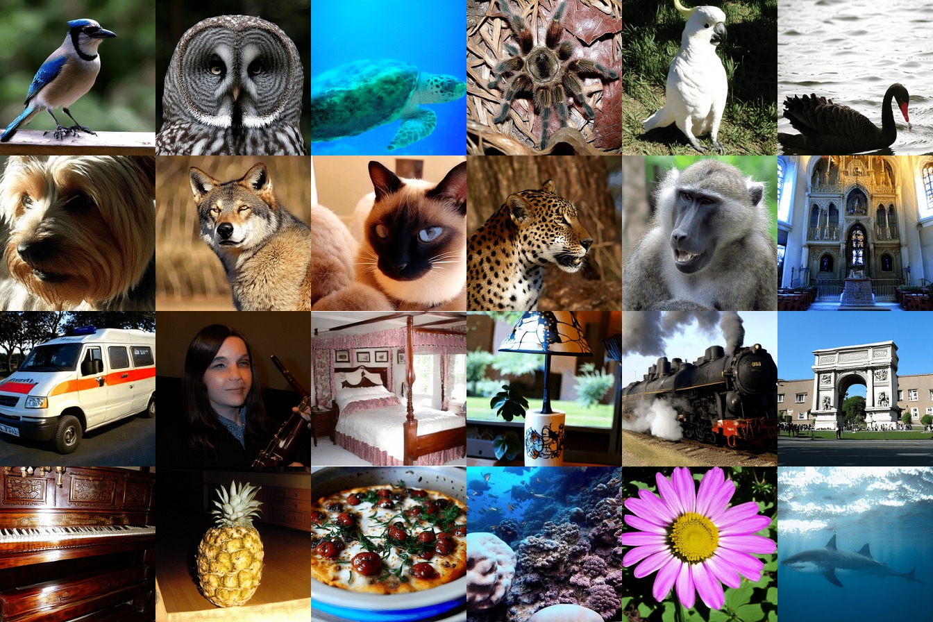 Grid of 24 images generated by SR-DiT-B/1 on ImageNet-512: birds, animals, interiors, objects and landscapes.
